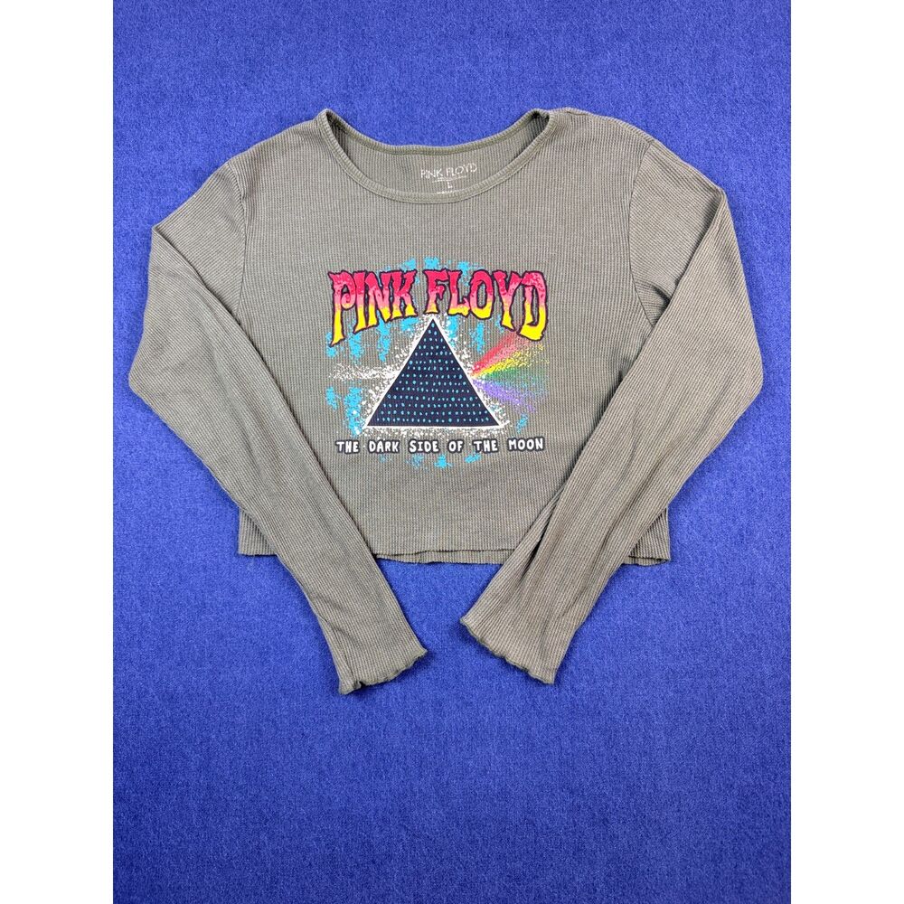 Pink Floyd Dark Side of the Moon Cropped Thermal Top Large Olive Green Band Tee